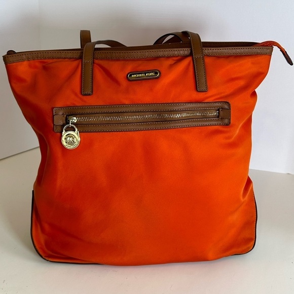 Michael Kors Autumn Orange Nylon Tote with Brown Leather Trim & Gold Hardware - Picture 1 of 15